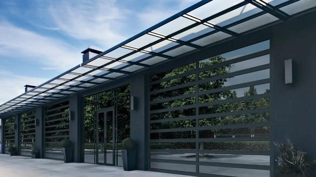 Garage doors on a modern commercial building