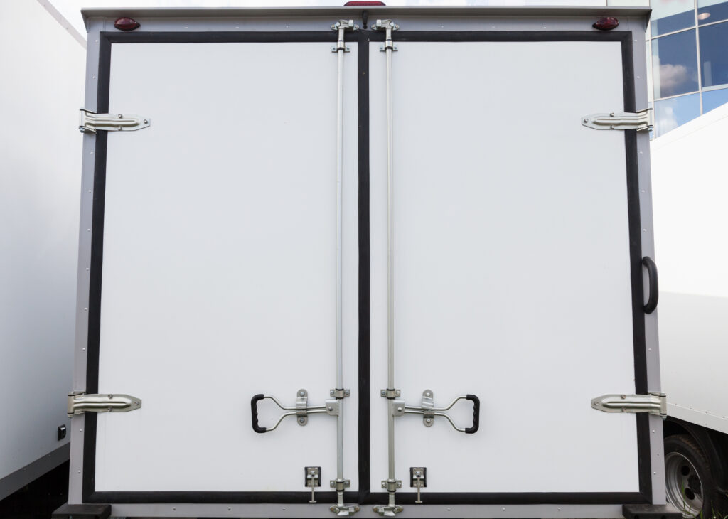 Back doors of new white cargo truck